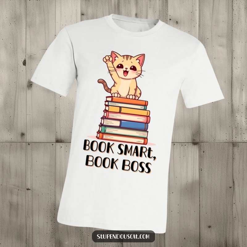 Funny T-Shirt: A bold cat confidently striking a pose on a precarious stack of books, showcasing intellectual humor and personality.