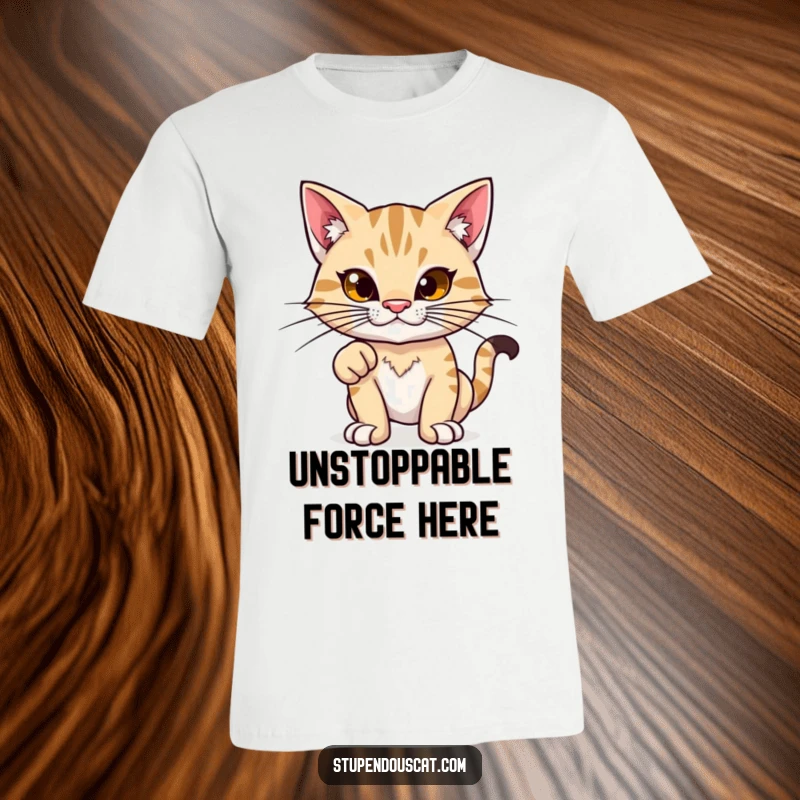 Funny t-shirt: A proud feline with exaggerated whiskers stands tall in a confident power stance, exuding strength.