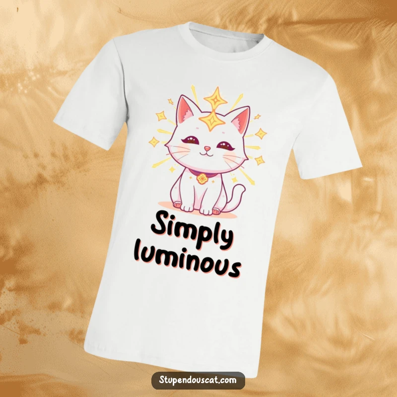 Funny T-Shirt showcasing a radiant cat adorned with luminous celestial symbols, exuding mystical energy and otherworldly beauty.