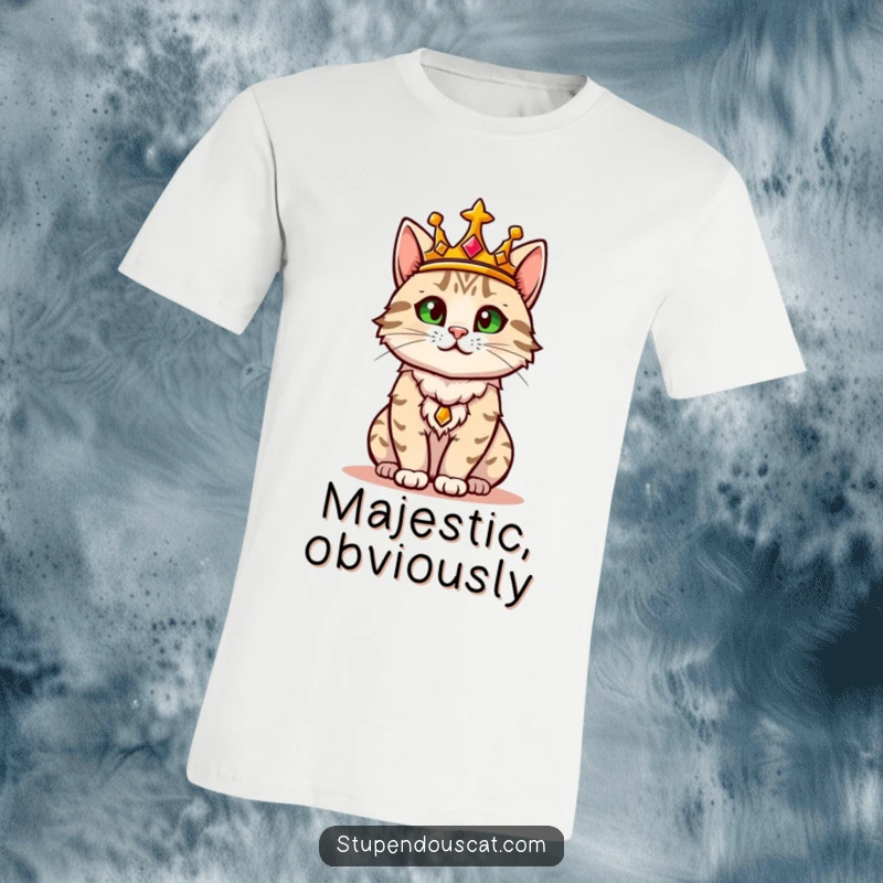 Funny t-shirt featuring a regal cat wearing a golden crown, confidently surveying its domain with an air of authority.
