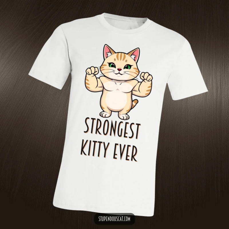 Funny t-shirt depicting a strong cat with visibly rippling muscles, flexing its arms with immense pride and confidence.