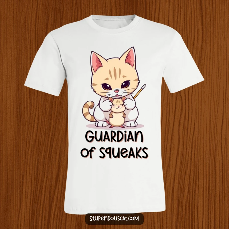 Funny t-shirt depicting a valiant cat fiercely protecting a small toy mouse, showcasing courage and devotion, a unique and funny gift.