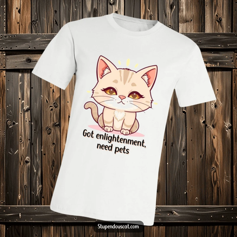 Funny wise cat aura t-shirt showing a cat with a radiant aura, calmly imparting wisdom with a serene and knowing look.