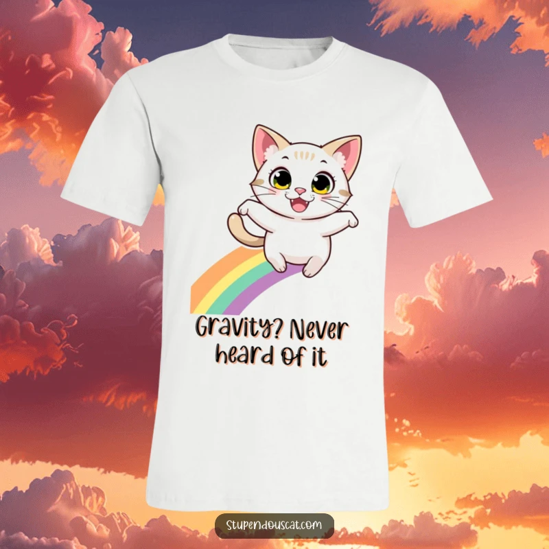 Funny t-shirt: A cat with large, energetic eyes and a wide grin leaping dynamically over a bright rainbow.