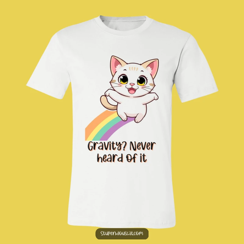 Funny Cat Leaping Rainbow T-Shirt: Energetic Eyes, Grinning Feline - Hilarious Gift