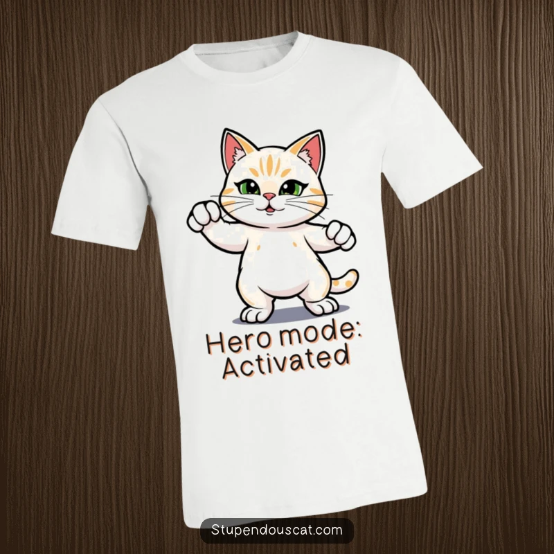 Funny t-shirt featuring a heroic cat in a confident, proud stance, ready for action, making it a hilarious and brave statement piece.