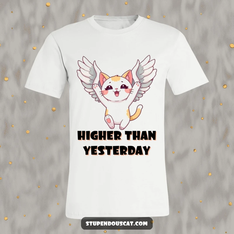 Funny T-Shirt featuring a triumphant cat with spread wings, captured mid-flight, exuding power, freedom, and victorious spirit.
