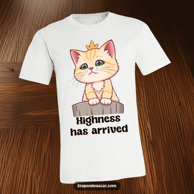 Funny regal cat t-shirt with a cat sitting high, looking down with a funny, commanding and majestic gaze.