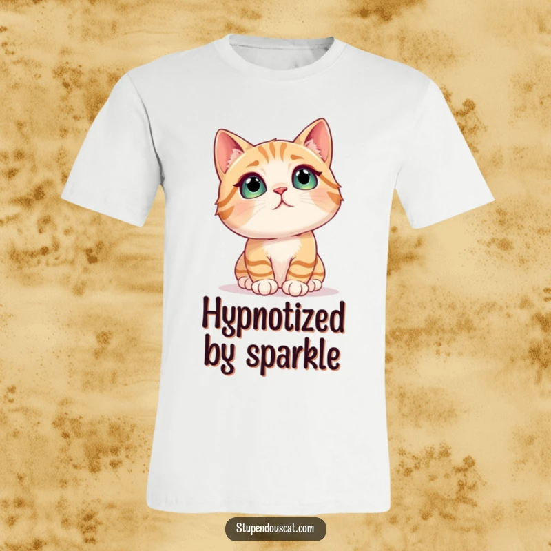 Funny cat t-shirt depicting a cat with a look of pure amazement staring at something shiny and magical.