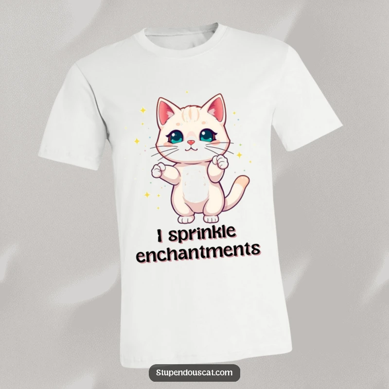 Funny Cat T-Shirt depicting a cat conjuring a dazzling display of colorful magic sparkles, magical and enchanting.