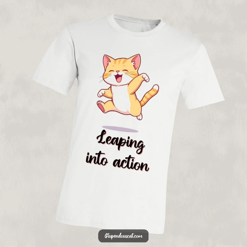 Funny cat t-shirt depicting a sleek cat executing a high, complex, and elegant jump, showcasing impressive athleticism.