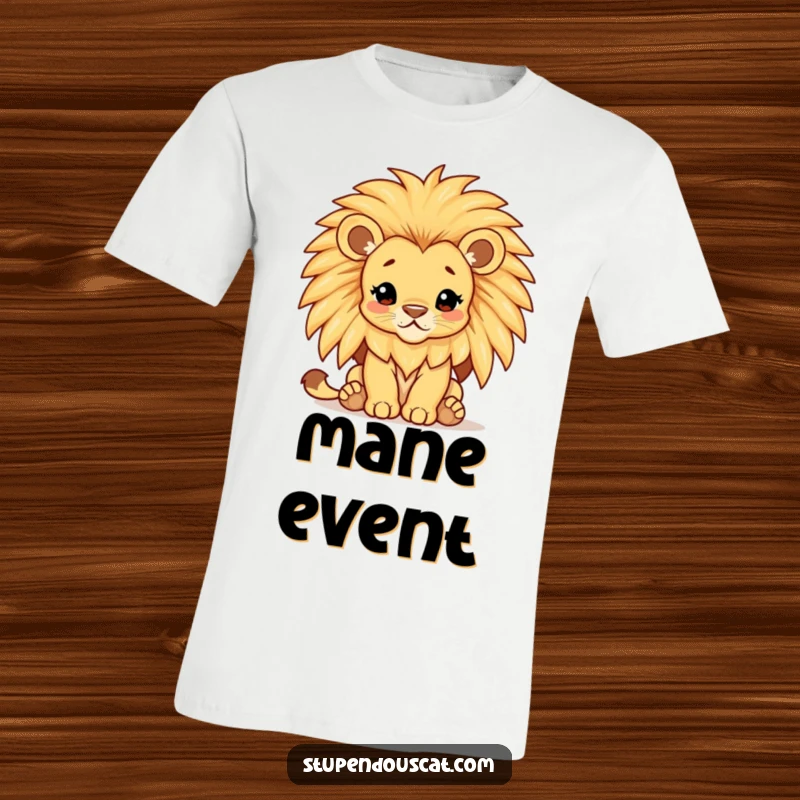 Funny lion cub t-shirt featuring a majestic cub with a comically large, shimmering mane, exuding playful royalty.