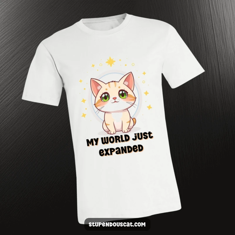 Funny cat t-shirt featuring a cat with wide eyes, watching a magical portal appear.