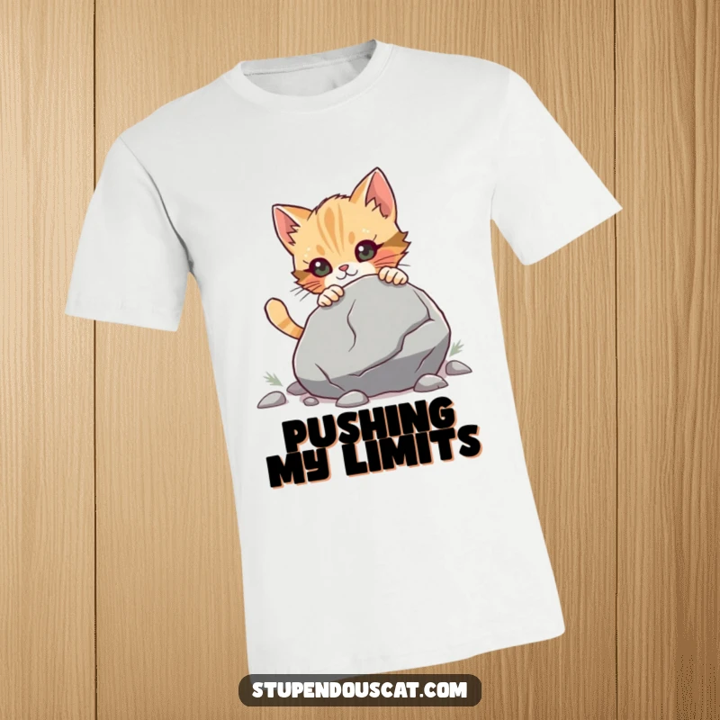 Funny T-Shirt depicting a determined cat cub pushing a huge boulder, celebrating resolve and humorous strength.