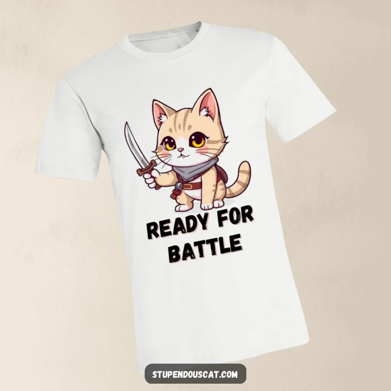 Funny cat t-shirt featuring a brave cat holding a tiny sword, ready for adventure.
