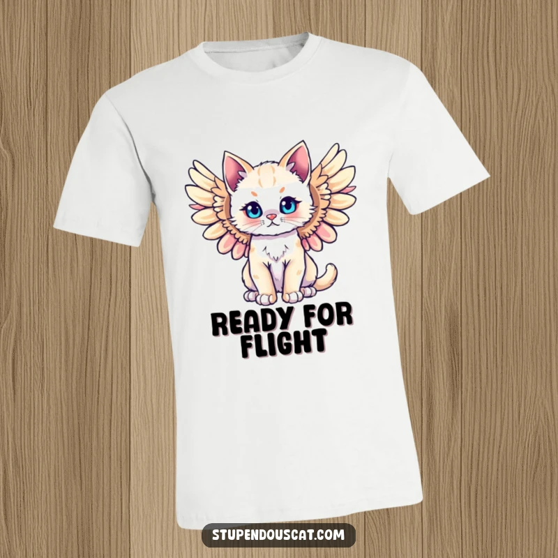 Funny majestic angel cat cub t-shirt, wings spread wide in a proud, soaring pose. A humorous and heavenly design for cat lovers.