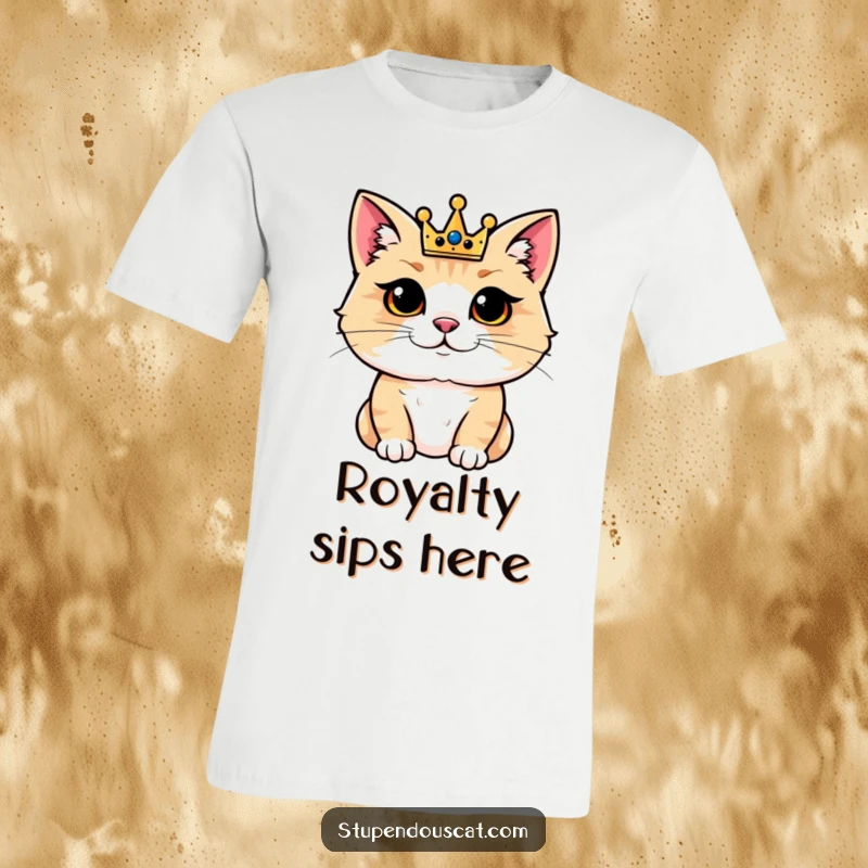 Funny t-shirt of a regal cat adorned with a tiny crown, displaying an expression of supreme contentment and joy.