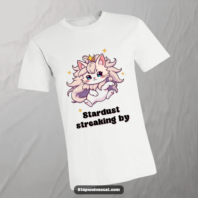 Funny T-Shirt showcasing a majestic cat with a vibrant, starry mane leaping through the void, embodying freedom and cosmic adventure.