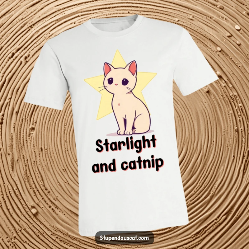Funny T-shirt featuring a black cat silhouette against a bright, shining star, symbolizing dreams and mystery.