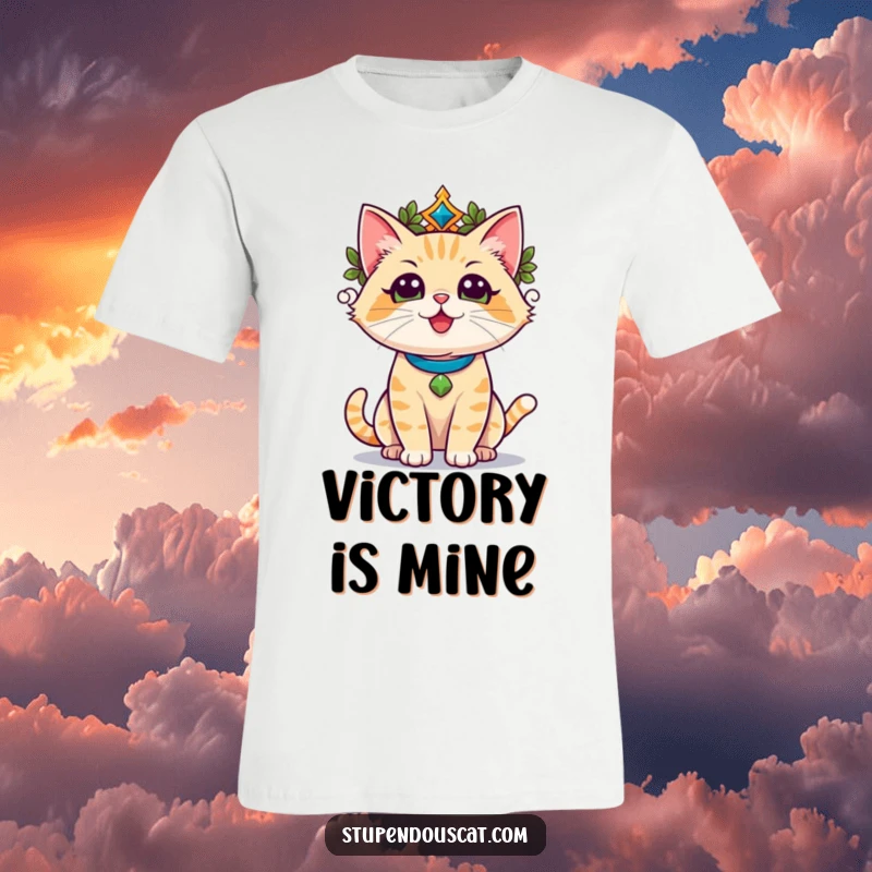 Funny champion cat adorned with a laurel wreath, basking in triumphant glory, wearing a t-shirt, looking victorious.