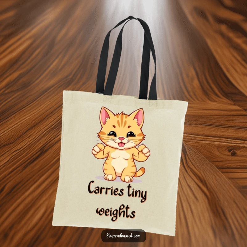 Funny tote bag featuring a powerful cat cub flexing its tiny muscles with a determined, humorous expression.