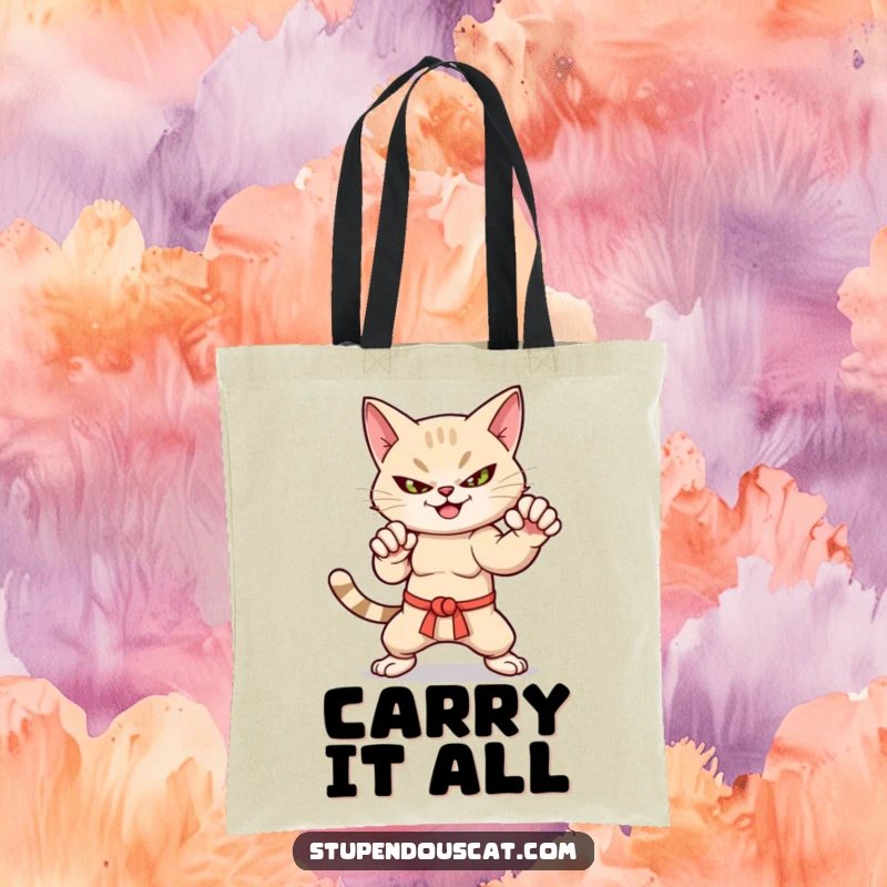Funny martial arts cat tote bag with a smirk, in a dynamic stance, ideal for shopping.