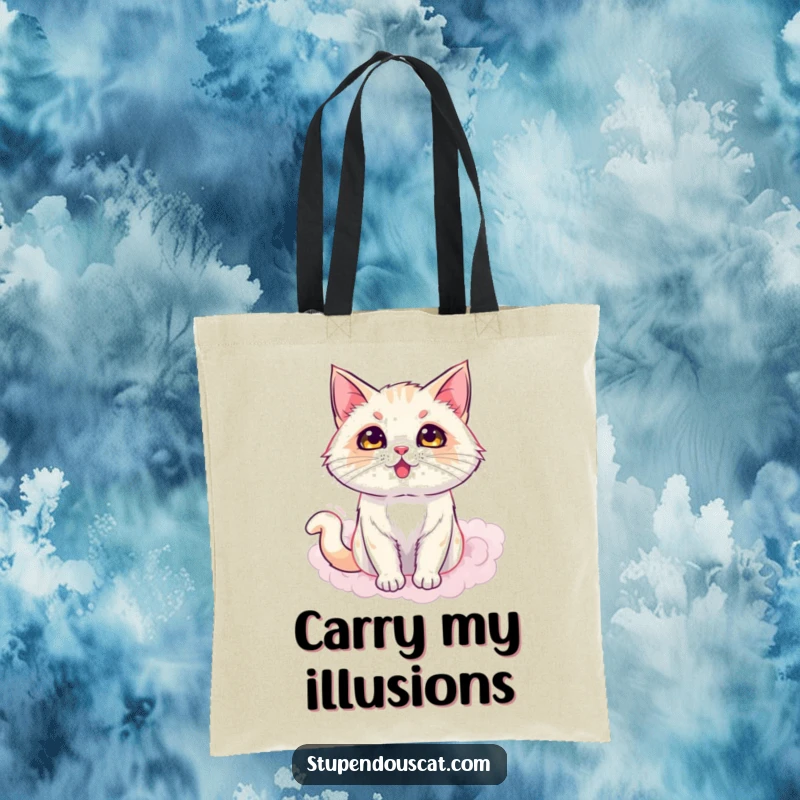 Funny tote bag depicting a dazzling cat emerging from a puff of smoke, carrying mystery and charm, a great funny gift.