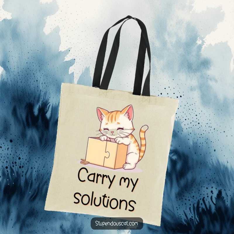 Funny tote bag with a clever cat intently solving a puzzle box, perfect for carrying items with a hint of genius.