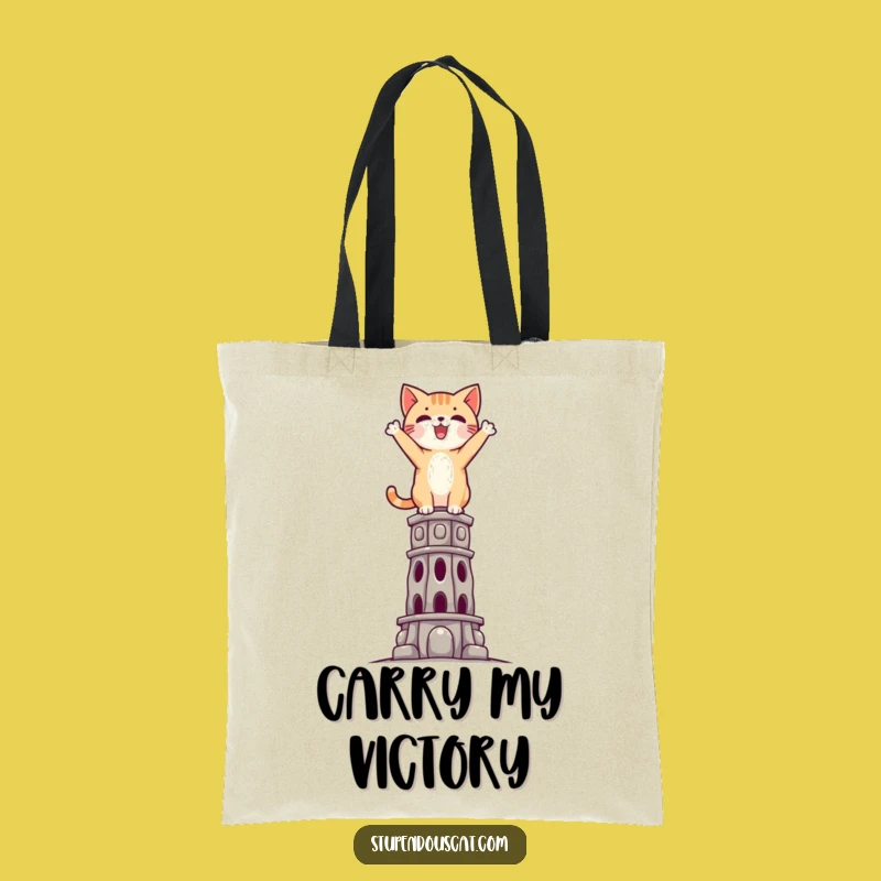 Funny Triumphant Cat Tote Bag: Epic Carry-All for Achievers Who Reach New Heights