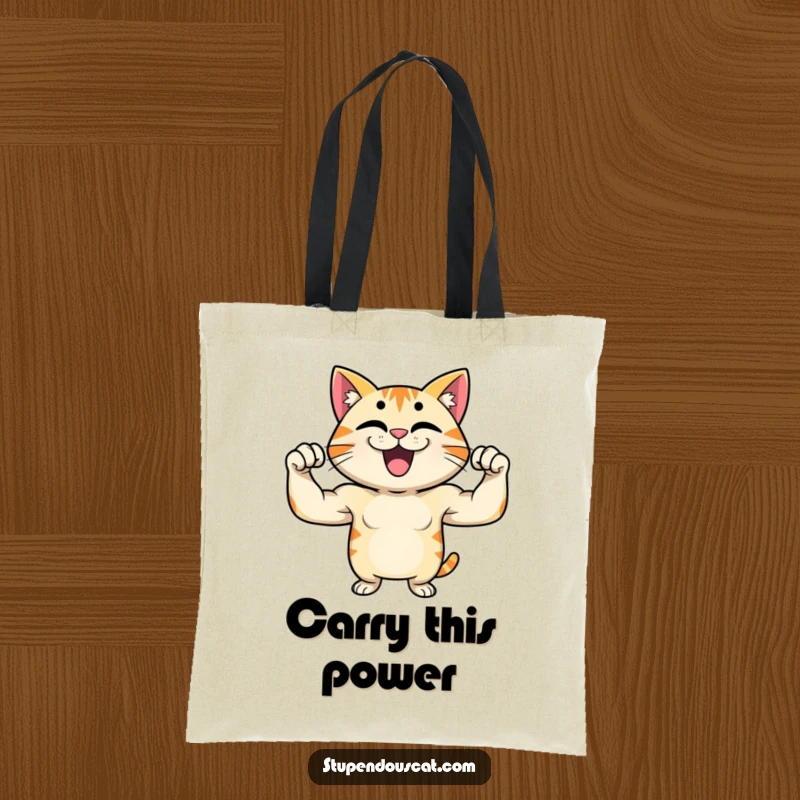 Funny tote bag featuring a proud cat character flexing its muscles with a wide grin, ideal for carrying items with confidence.