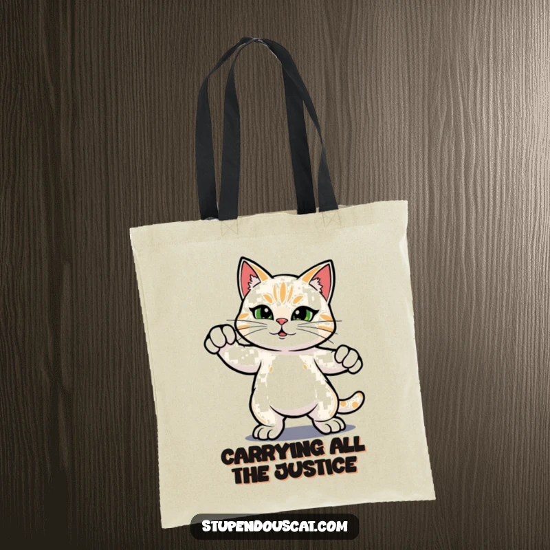 Funny tote bag featuring a heroic cat striking a powerful, confident stance, perfect for carrying essentials with a humorous, brave flair.