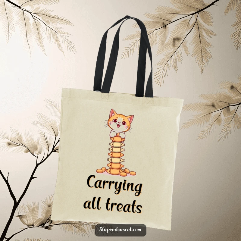 Funny Tote Bag: A cat carefully balances a huge pile of fish treats, ready to carry your items with precision.