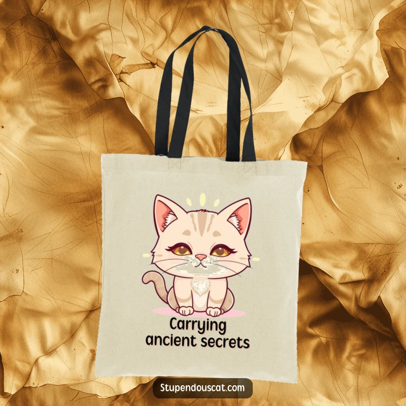 Funny wise cat aura tote bag showing a cat with a glowing aura, carrying knowledge and gentle wisdom everywhere.
