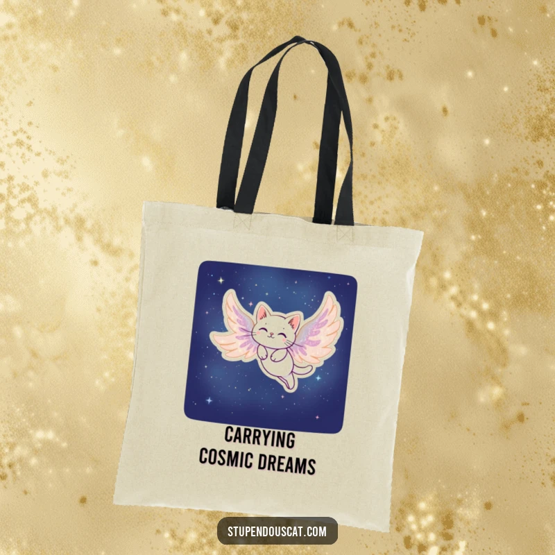 Funny Stardust Cat Tote Bag: A stylish tote featuring a cat with stardust wings soaring gracefully through the night.