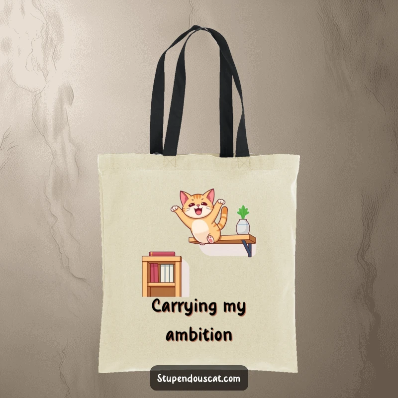 Funny cat tote bag illustrating a cat executing a dramatic leap from a high shelf with a sense of playful abandon.