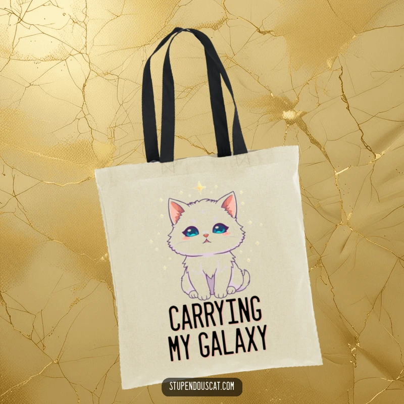 Funny white cat tote bag, majestic with a halo of shimmering stardust, a chic accessory for carrying essentials with cosmic flair.