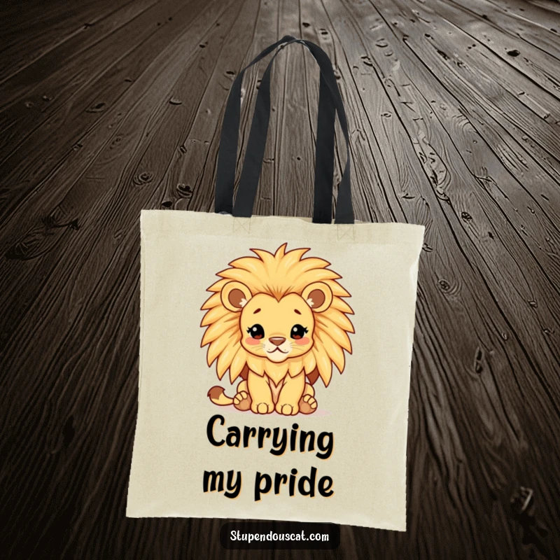 Funny lion cub tote bag featuring a majestic cub with a comically large, shimmering mane, perfect for carrying essentials.