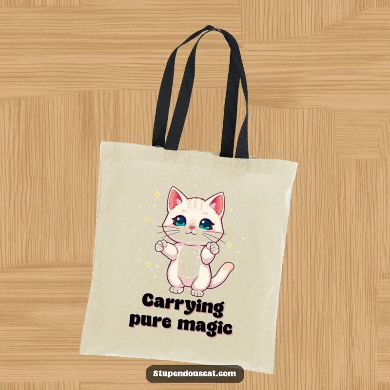 Funny Cat Tote Bag showing a cat creating dazzling colorful magic sparkles, perfect for carrying essentials with enchantment.