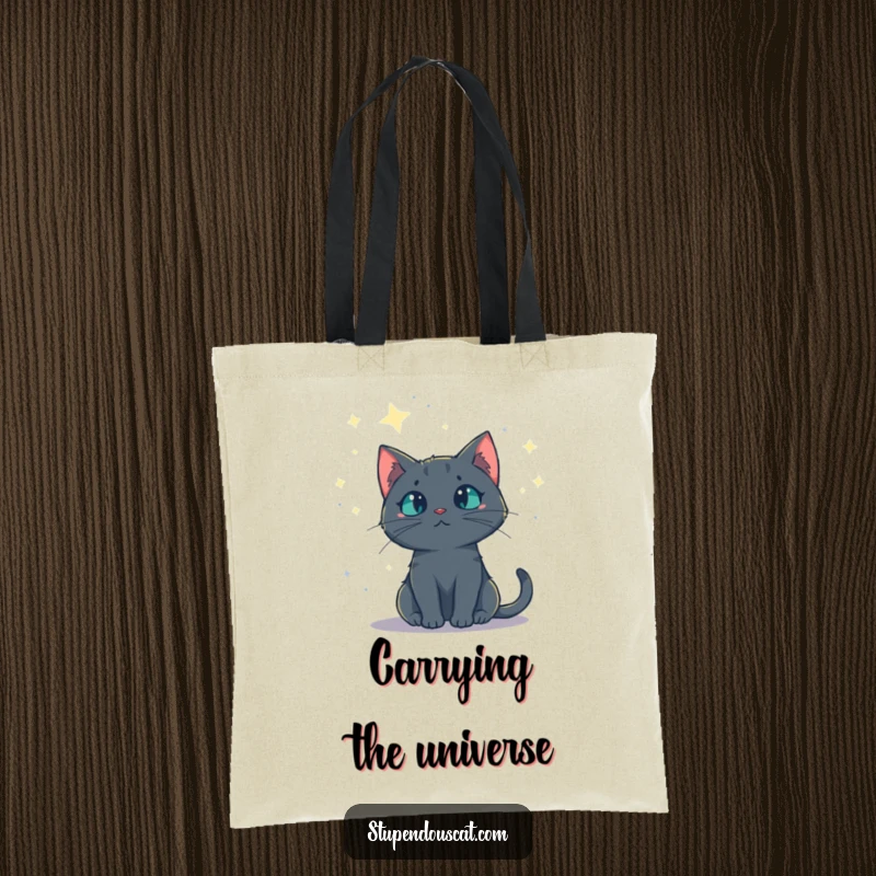 Funny tote bag with a mysterious cat gazing at a starry night sky, perfect for carrying your belongings with a touch of cosmic wonder, a great gift.