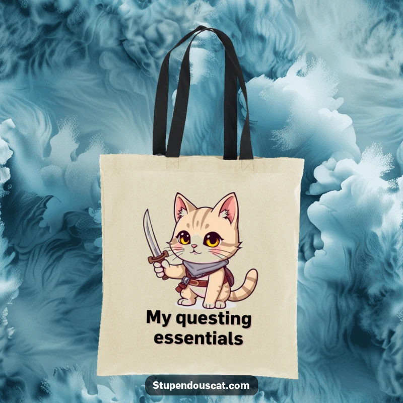 Funny cat tote bag depicting a brave cat holding a tiny sword, ready for adventure.