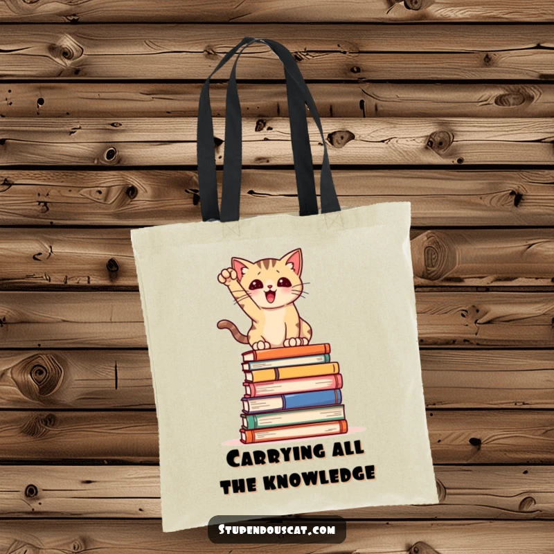 Funny Tote Bag: A chic cat striking a dramatic pose on a stack of books, ideal for carrying essentials with literary humor.