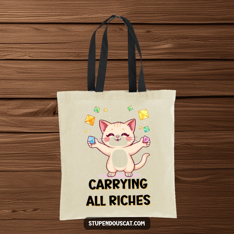Funny cat juggling gems tote bag, a skilled cat balancing multiple shimmering jewels in the air, embodying elegance and playful dexterity.