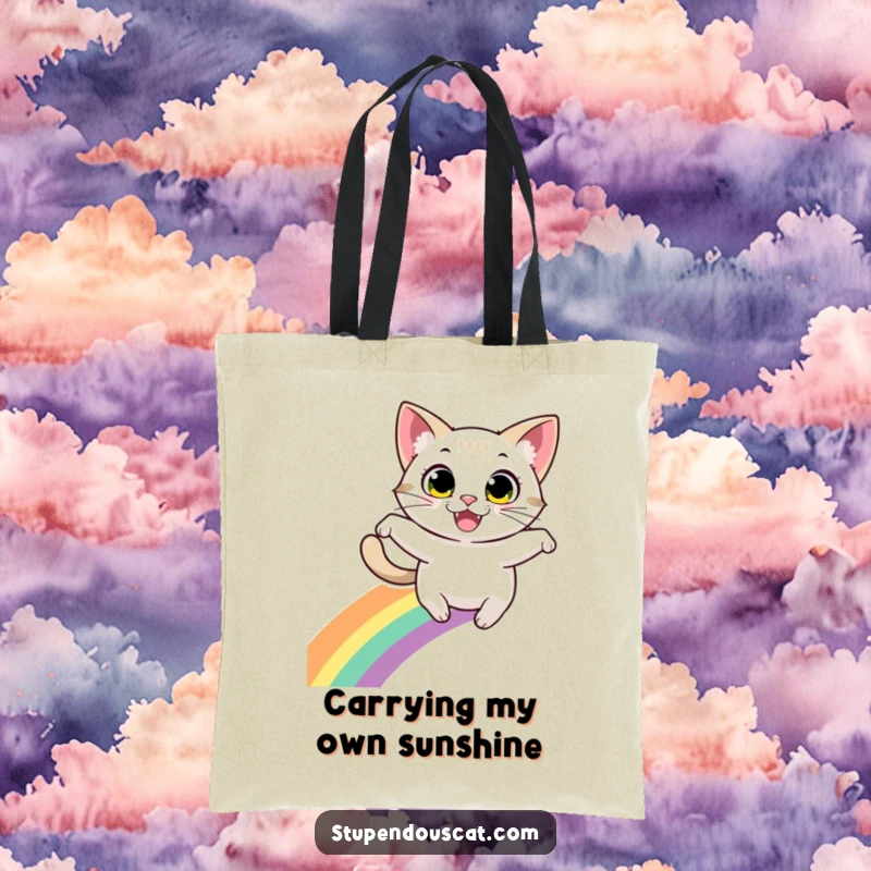 Funny tote bag: A cat with energetic eyes and a beaming grin leaping high over a bright rainbow.