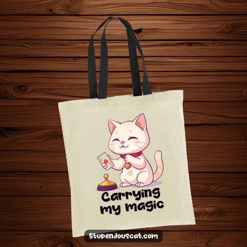 Funny cat magic tote bag, a skilled feline abracadabra-ing a playing card into existence, ideal for magical commutes.