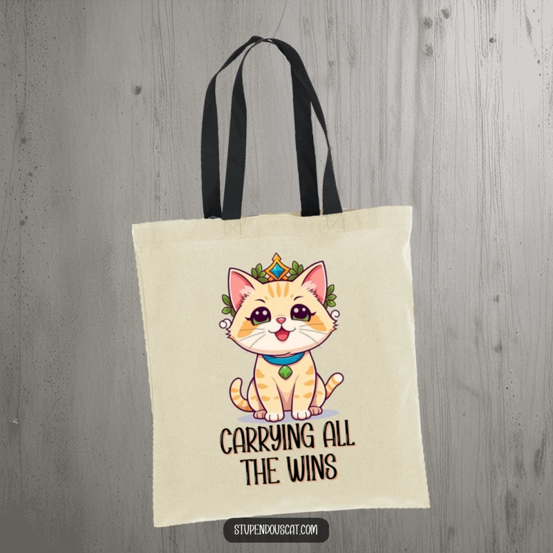 Funny champion cat wearing a laurel wreath, basking in triumphant glory, carrying a tote bag, looking proud.