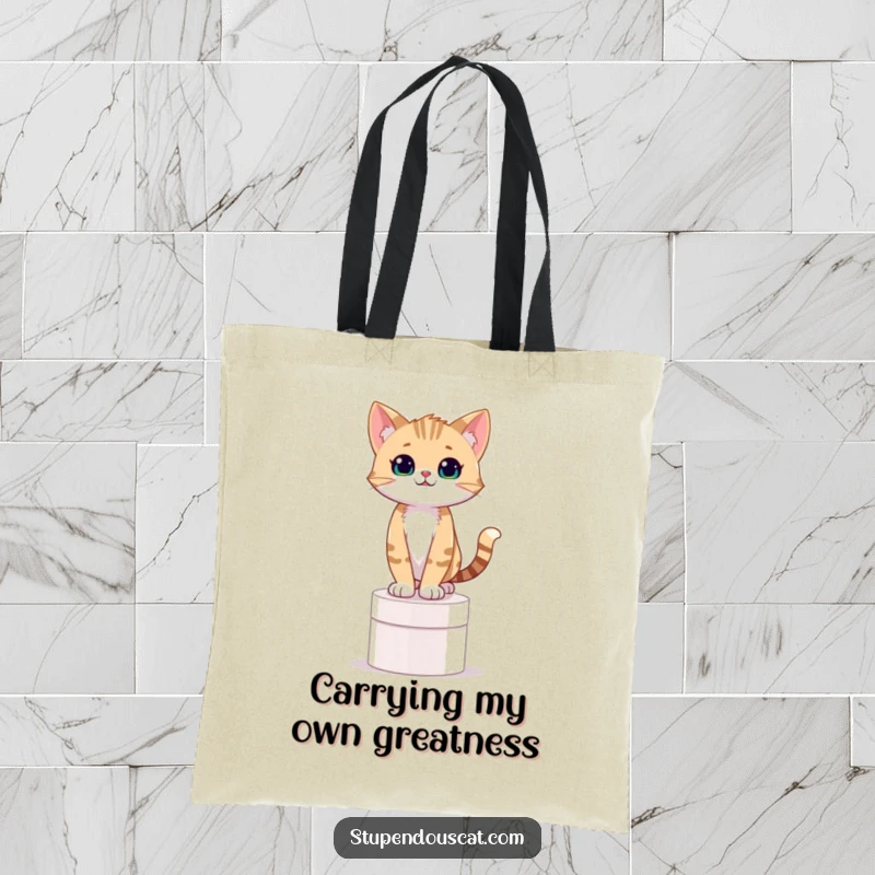 Funny tote bag featuring a confident cat cub standing proudly on a pedestal, a symbol of humorous self-worth.