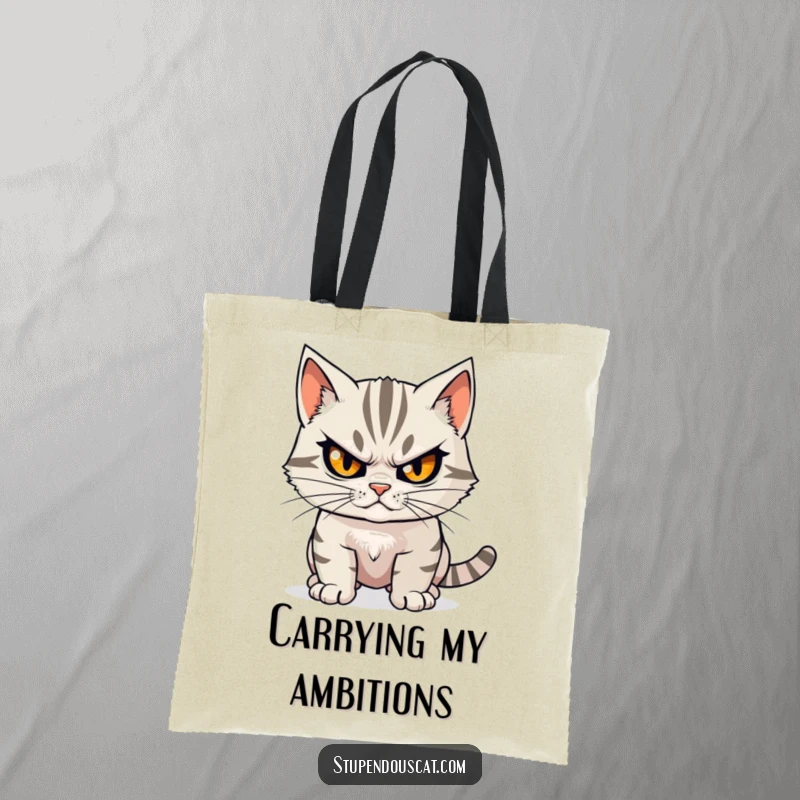 Funny determined cat tote bag showing a focused cat with a steely gaze, ready for a momentous task, a practical funny gift.