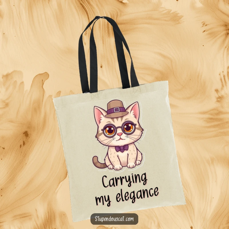 Funny Tote Bag decorated with a distinguished cat wearing a monocle and top hat, ready for any sophisticated outing.