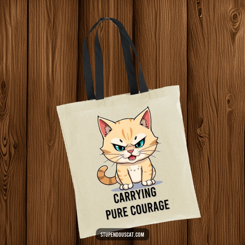 Funny fearless cat tote bag showing a cat with unwavering resolve facing a challenge, looking stupendous and ready for anything.