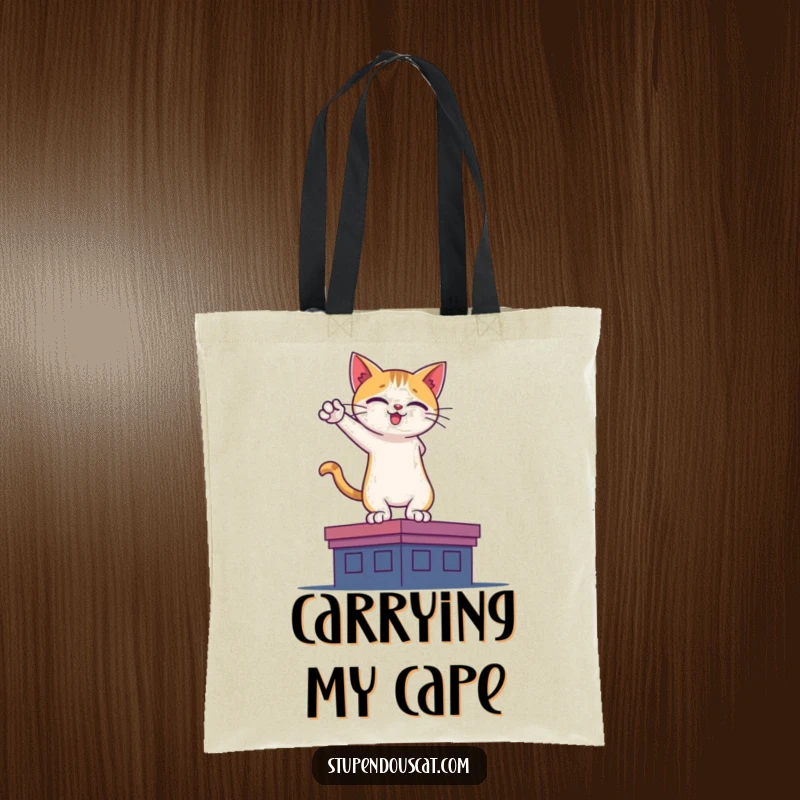 Funny tote bag with a heroic cat silhouette on a rooftop, perfect for carrying essentials with a touch of bravery.